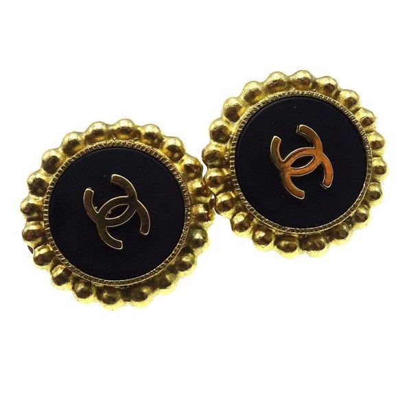 Authentic Chanel Button Earrings Clip-On Black - Picture 1 of 6